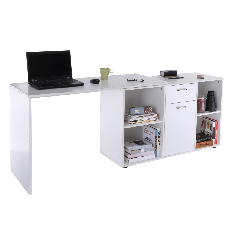 HOMCOM Escritorio Mesa de Ordenador Mesa Esquinera Oficina 2 Formas con 4 Estantes 1 Cajón 1 Puerta Mesa de Despacho Escuela Estudio Madera