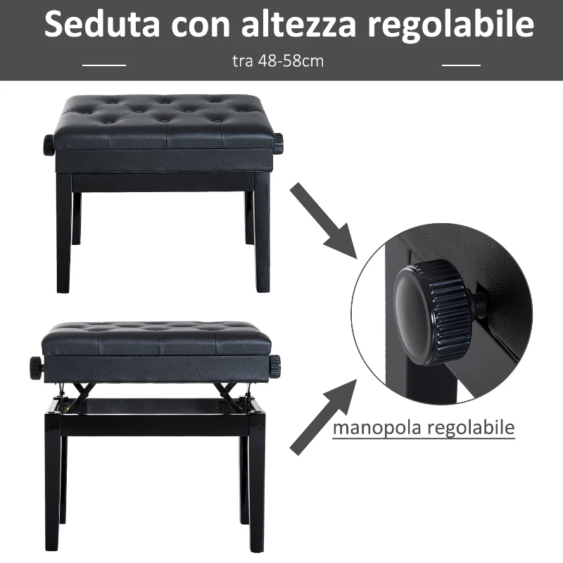 HOMCOM Sgabello per Pianoforte Trapuntato con Vano Contenitore, in Legno e Pelle PU, 54.5x33x48-58 cm, Nero