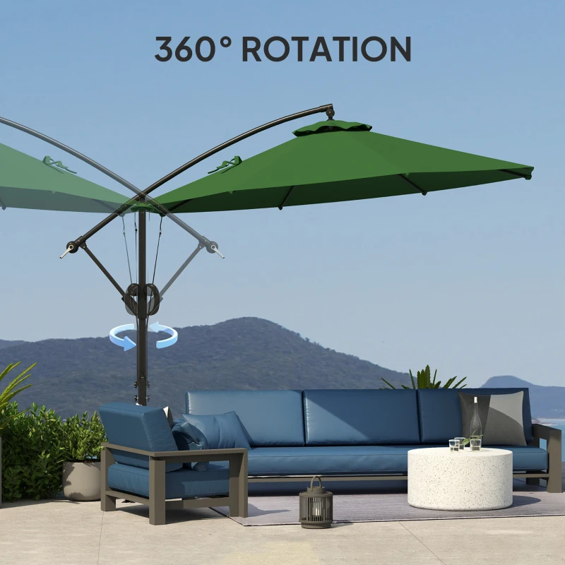 Outsunny 3(m) Garden Cantilever Parasol with Cover and Wind Protection Strap, Round Overhanging Umbrella with Crank Handle and Tilt, Banana Patio Umbrella for Outdoor Sun Shade, UPF50+, Green