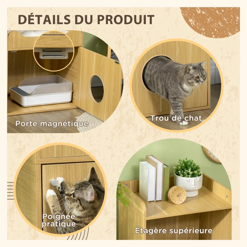 PawHut Maison de toilette pour chat meuble litière chat 3 niveaux compartiment fermé par une porte 1 coussin 60 x 45 x 103 cm