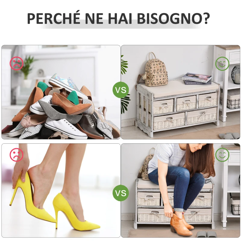 HOMCOM Panca Scarpiera con Cuscino, Cassetto e 3 Vani Aperti in Legno, 81x31.5x49cm, Bianco