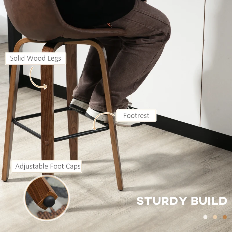 HOMCOM Bar Stools Set of 2, Breakfast Bar Chairs, PU Leather Upholstered Kitchen Stools with Backs and Wood Legs, Brown