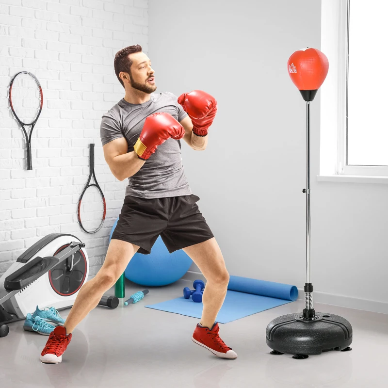 HOMCOM Saco de Boxeo de Pie con Altura Ajustable en 4 Niveles, Saco de Boxeo con Base Rellenable, Guantes e Inflador, para Adultos y Adolescentes, Ø45x133-151 cm, Negro y Rojo
