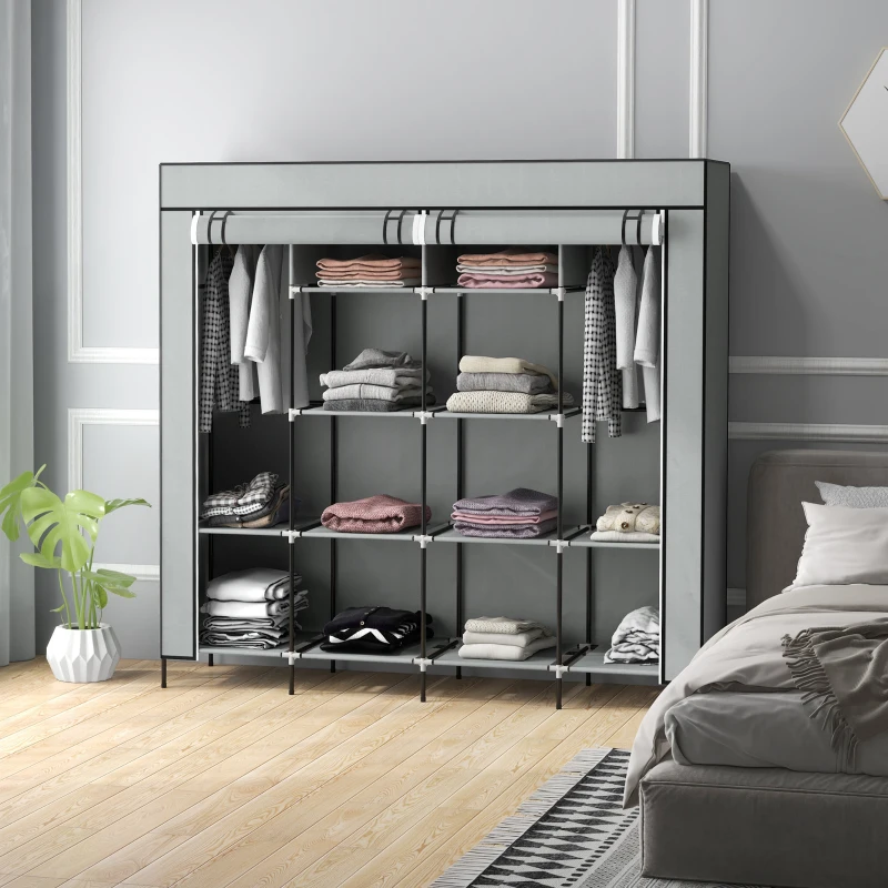 HOMCOM Kleiderschrank Stoffschrank, Türen, 2 Kleiderstangen, 10 Fächer, Grau(m-6)