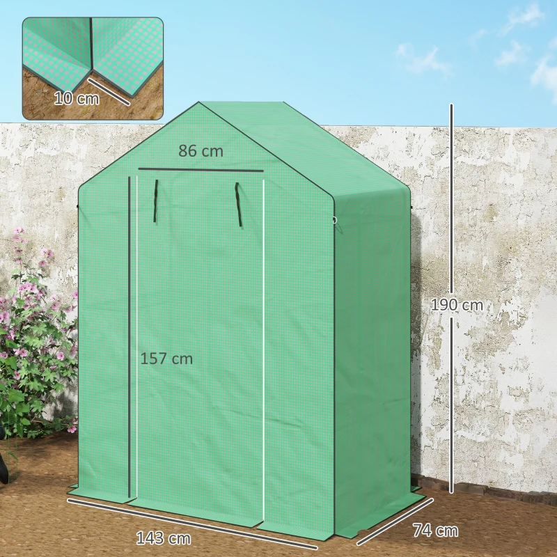 Outsunny Gewächshaus mit Regalen, Mini-Treibhaus, UV-beständig, Netzfenster, Reißverschlusstür, 143L x 74B x 190H cm, Grün(m-3)