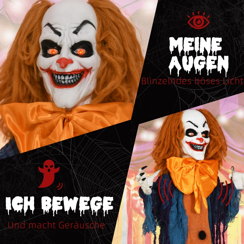 HOMCOM Horrorclown, Helloweendeko, aktiviert mit Geräusche/Berührung, rote Augen, Sound, 168 cm(m-5)