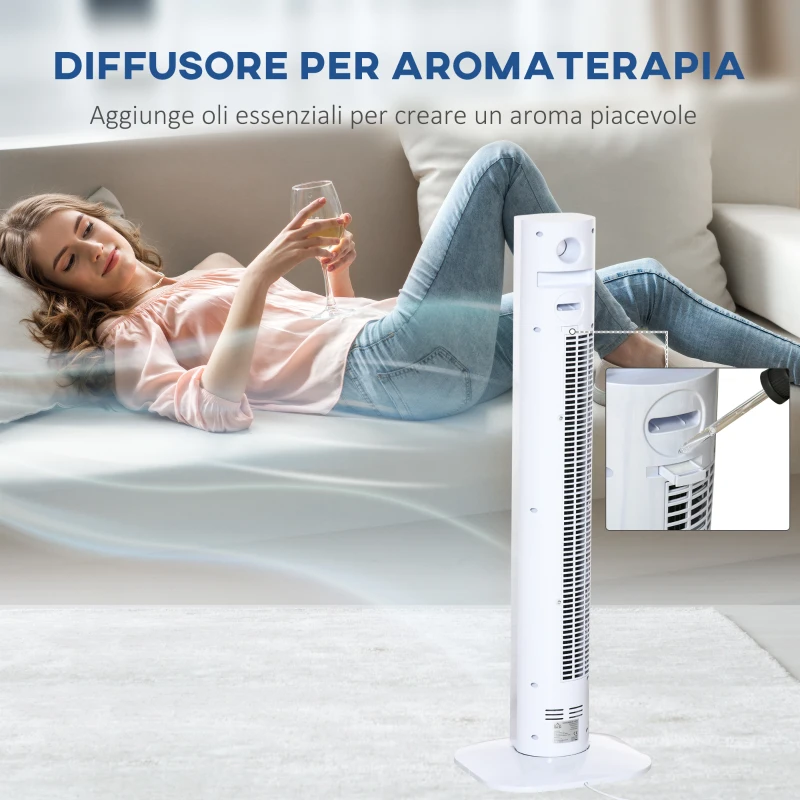 HOMCOM Ventilatore a Torre 45W a 3 Modalità e 3 Velocità con Timer da 12h e Diffusore, 31.5x31.5x96 cm, Bianco