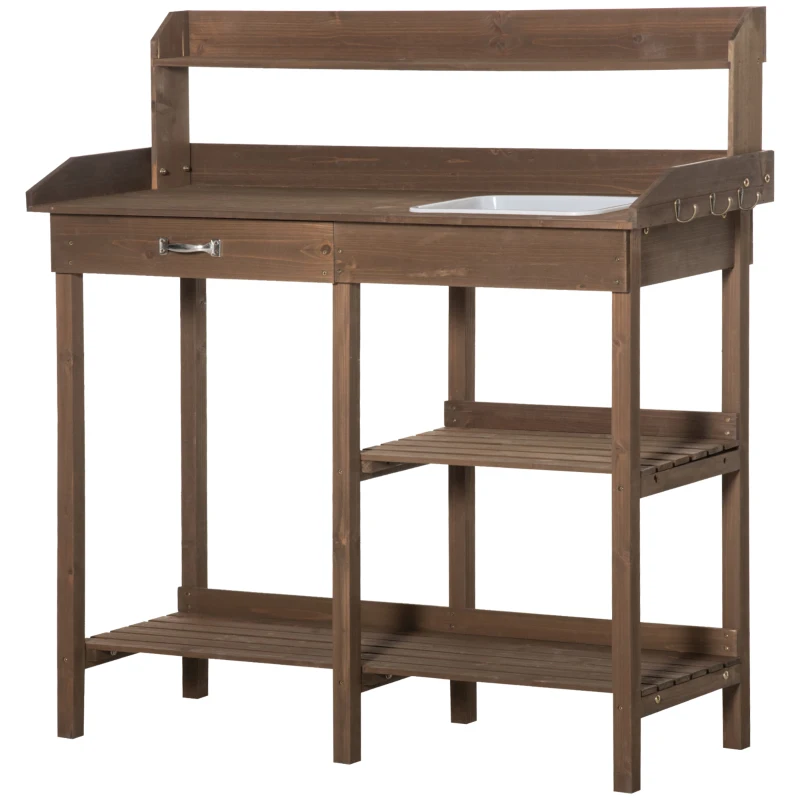 Outsunny Pflanztisch Gärtnertisch Blumentisch mit Wanne Garten Tannenholz Braun 117 x 45 x 121 cm