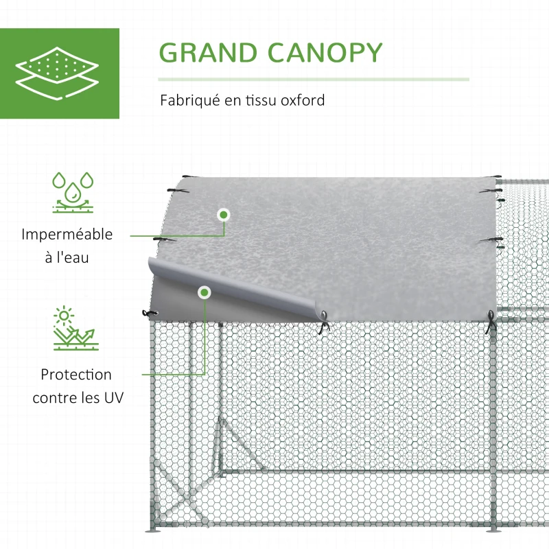 PawHut Grand enclos poulailler 10,64 ㎡ parc grillagé toit anti-UV porte verouillable 2,8 x 3,8 x 1,97 m argenté