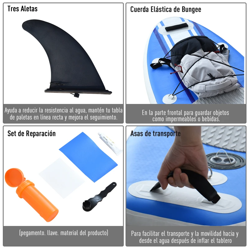 HOMCOM Tabla de Paddle Surf Hinchable con Remo Ajustable e Inflador Pádel Surf con 3 Aletas y Bolsa de Transporte 305x76x15cm