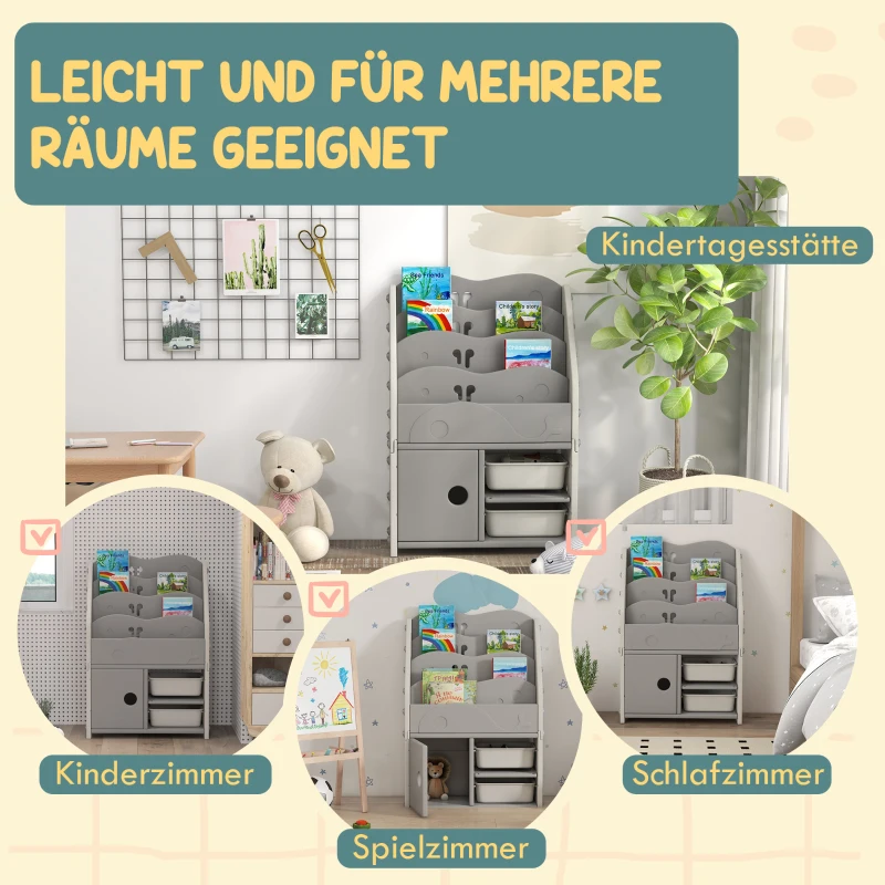 AIYAPLAY Kinderschrank, 4 Regalböden, 2 Aufbewahrungsboxen, HDPE, 67x29x98cm, Hellgrau