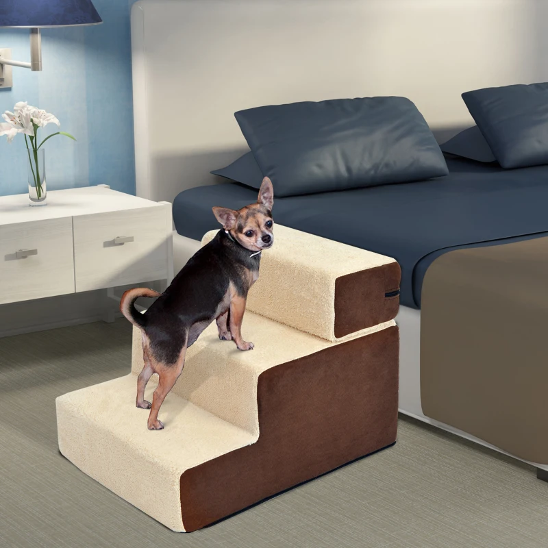 PawHut Escalera para Mascotas Perros Gatos de 3 Peldaños Desmontable y Funda Extraíble Portátil Carga 15 kg 54x40x39 cm Marrón y Beige