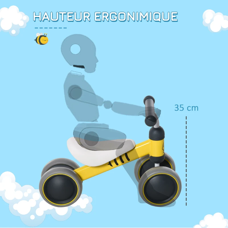 HOMCOM Draisienne vélo Enfant Design Abeille 4 Roues Selle Guidon Ergonomique métal PP Jaune