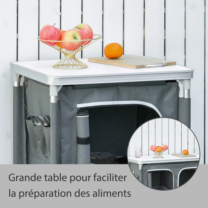 Outsunny Placard de cuisine pour camping pliable avec 2 étagères et sac de transport, aluminium et tissu Oxford 60x49x70cm Gris