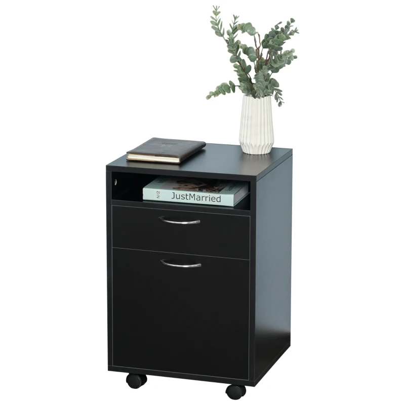 HOMCOM Rollcontainer, Aktenschrank, Bürocontainer mit Schublade, Büroschrank, Aufbewahrung Container, Spanplatte, Schwarz, 40 x 35 x 60 cm