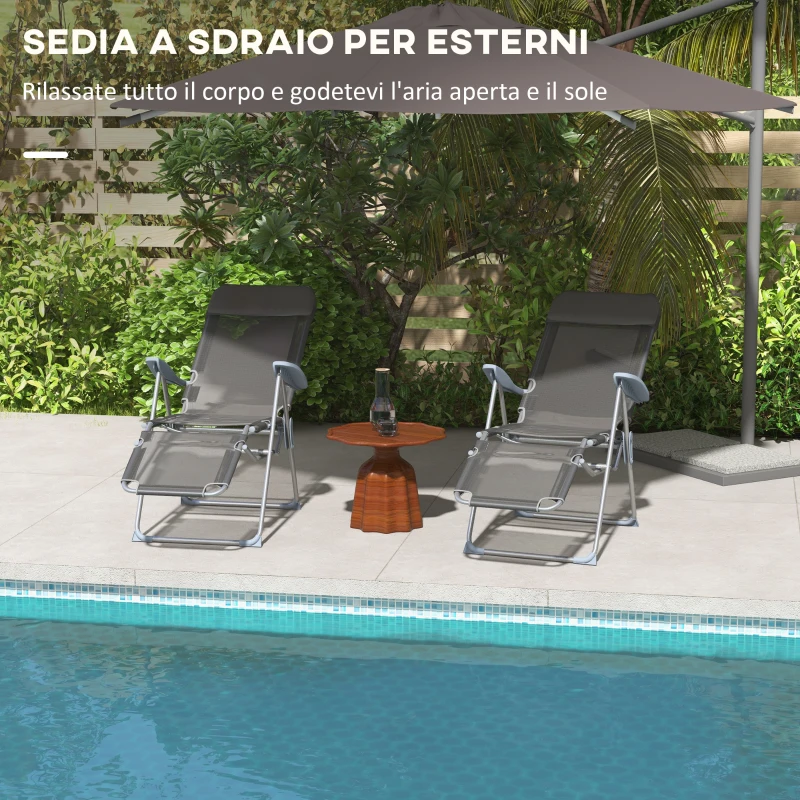 Outsunny Set 2 Sdraio da Giardino Pieghevoli con Schienale Regolabile a 5 Livelli e Poggiapiedi, Grigio