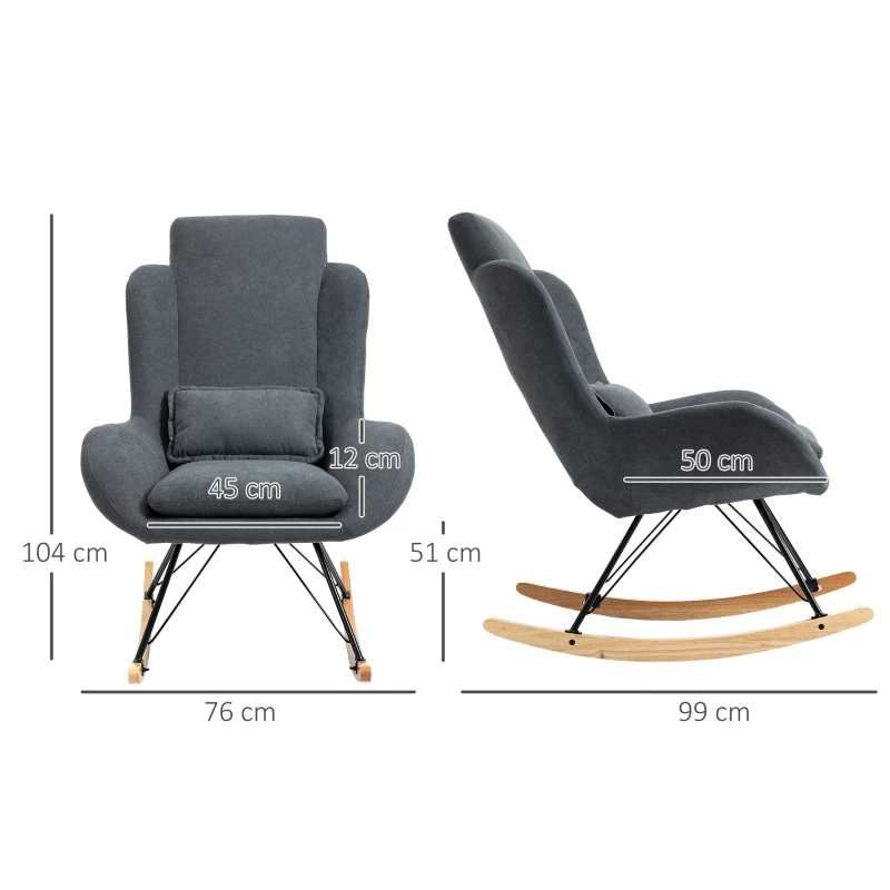 HOMCOM Fauteuil à Bascule Oreilles Rocking Chair Grand Confort accoudoirs Assise Dossier garnissage Mousse Haute densité Lin Gris