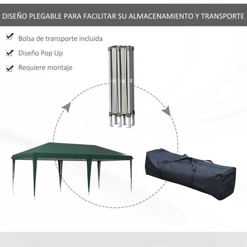 Outsunny Cenador de Jardín 6x3 m Gazebo con Altura Ajustable en 3 Niveles Bolsa de Transporte Marco de Acero Anti-UV Verde
