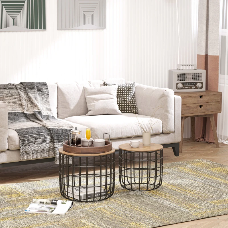 HOMCOM Lot de 2 Tables Basses gigognes Tables d'appoint Rondes encastrables Style Industriel métal Noir Panneaux Particules Imitation Bois