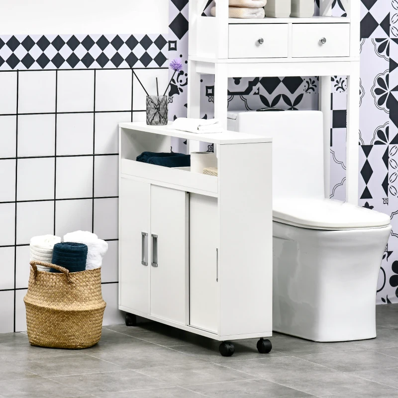 kleankin Mobiletto Bagno con Porte Scorrevoli, Ripiano Regolabile e 4 Ruote in Truciolato e Lega di Alluminio, 70x20x71cm