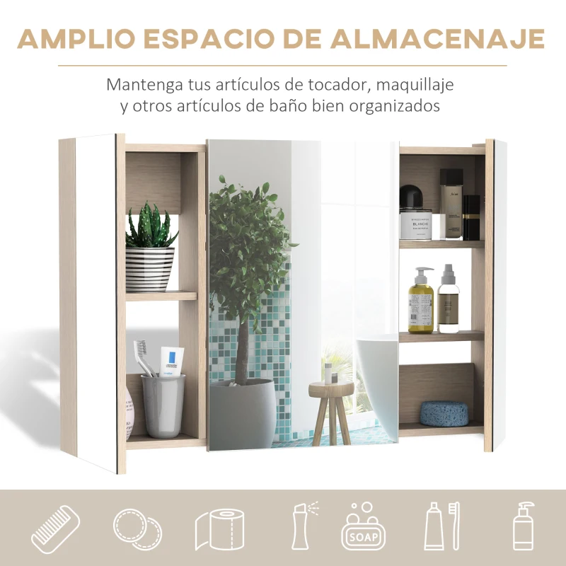 kleankin Armario de Baño con Espejo 3 Puertas y Estantes Ajustables para Aseo Estilo Moderno 90x60x13,5 cm Roble