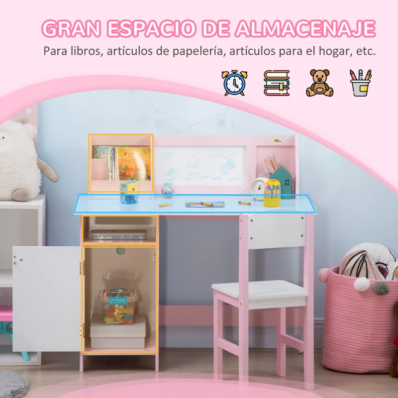 HOMCOM Escritorio Infantil de Madera con Silla y Mesa con Organizador y Pizarra Blanca para +5 Años 90x45x85 cm Rosa