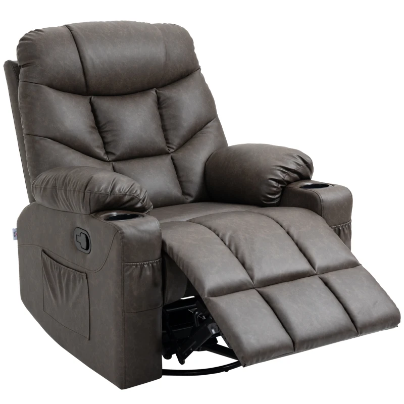 HOMCOM Manual Reclining Chair, Recliner Armchair with Faux Leather, Footrest, Cup Holders, 86x93x102cm, Brown