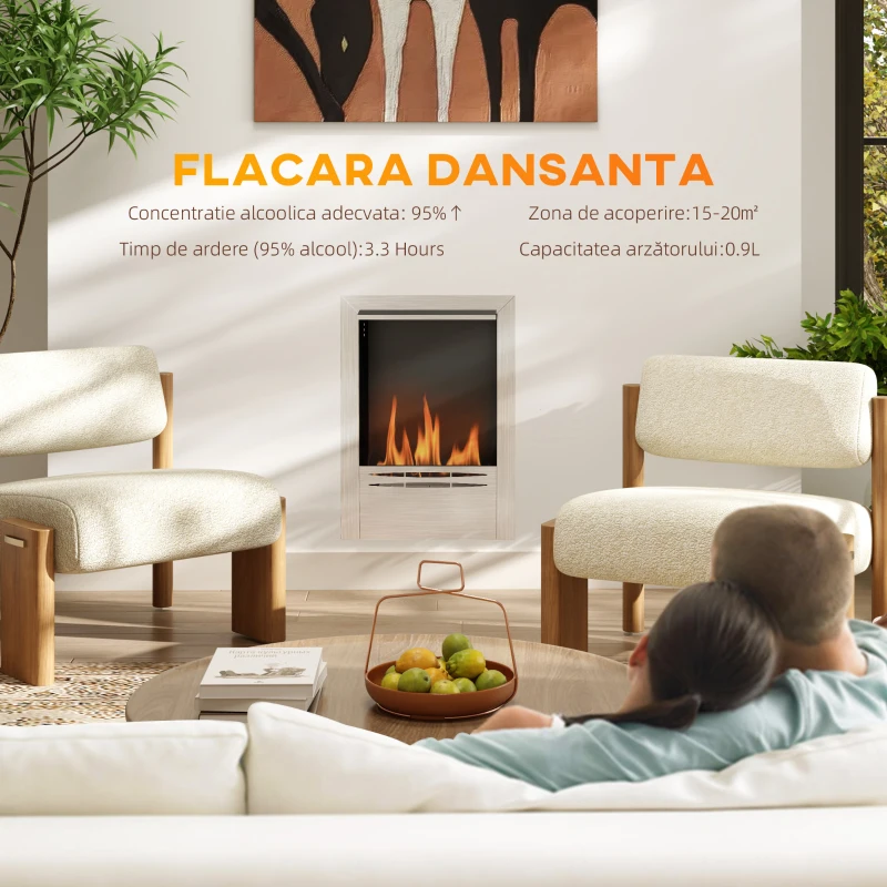 HOMCOM Șemineu pe Bioetanol de Perete cu Arzător 0,9L pentru Durată 3,3 Ore și Acoperire 20m², 48x18x59 cm, Argintiu