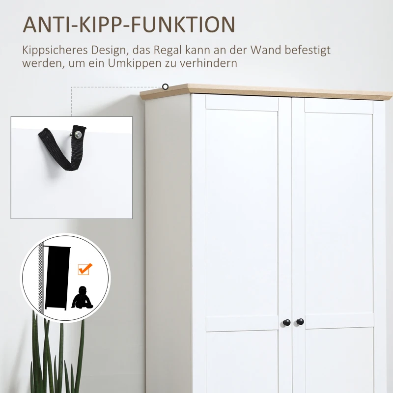 HOMCOM Küchenschrank, Hochschrank, Küchenbuffet mit 4 Fächern, Aufbewahrungsschrank, Kleiderschrank mit 2 Türen, Mehrzweckschrank mit Anti-Kipp-Schutz, Weiß, 80 x 48 x 172 cm