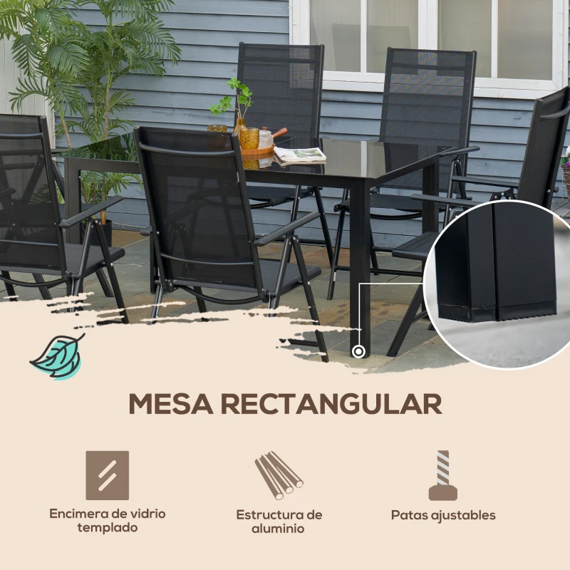 Outsunny Conjunto de Muebles de Jardín de Aluminio 7 Piezas con 6 Sillas Plegables y Reclinables Mesa de Vidrio Templado Negro
