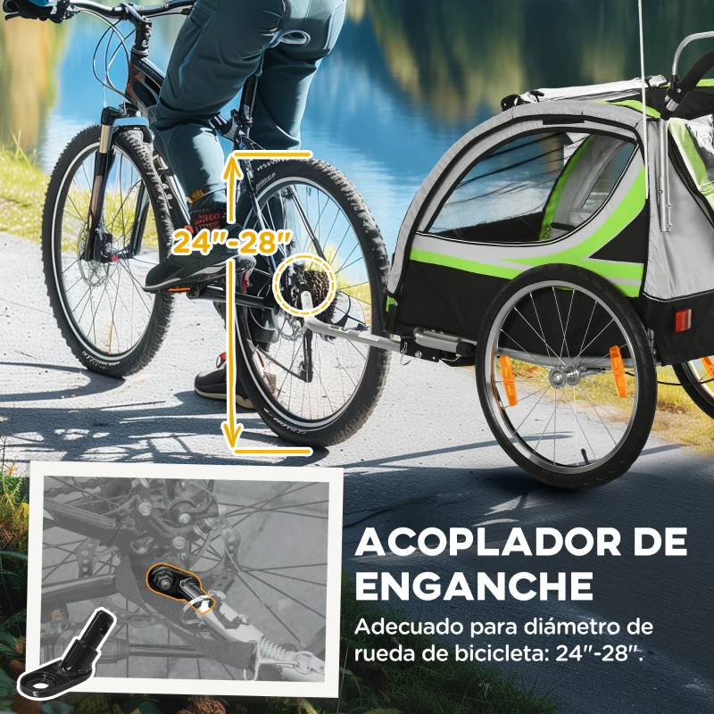HOMCOM Remolque de Bicicleta para Niños +18 Meses 2 en 1 Cochecito de Paseo de 2 Plazas con Freno de Mano Cinturón de Seguridad Bandera y Reflectores 142x75x101 cm Verde