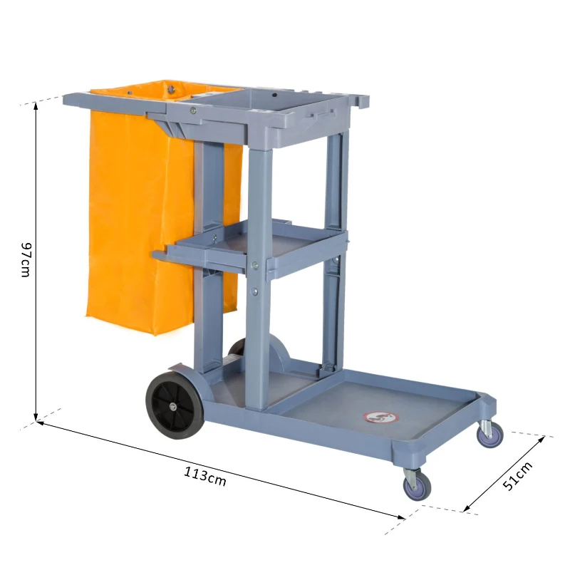 HOMCOM Chariot-poubelle chariot de nettoyage professionnel 3 plateaux sac grande résistance fourni jaune gris