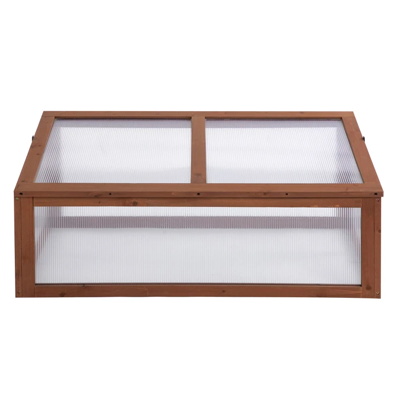 Outsunny Wooden Cold Frame, Small Polycarbonate Greenhouse for Plants with Openable & Tilted Top Cover, Brown, 100 x 65 x 40cm