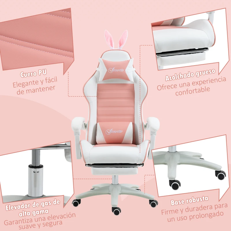 Vinsetto Silla Gaming Profesional de Cuero PU con Altura Ajustable Inclinable 135° Reposacabezas 65x63x136-142 cm Rosa y Blanco