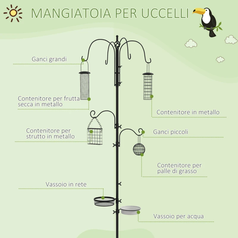 PawHut Mangiatoia per Uccelli con 6 Ganci e 4 Contenitori per Mangime in Acciaio, 58x58x226cm