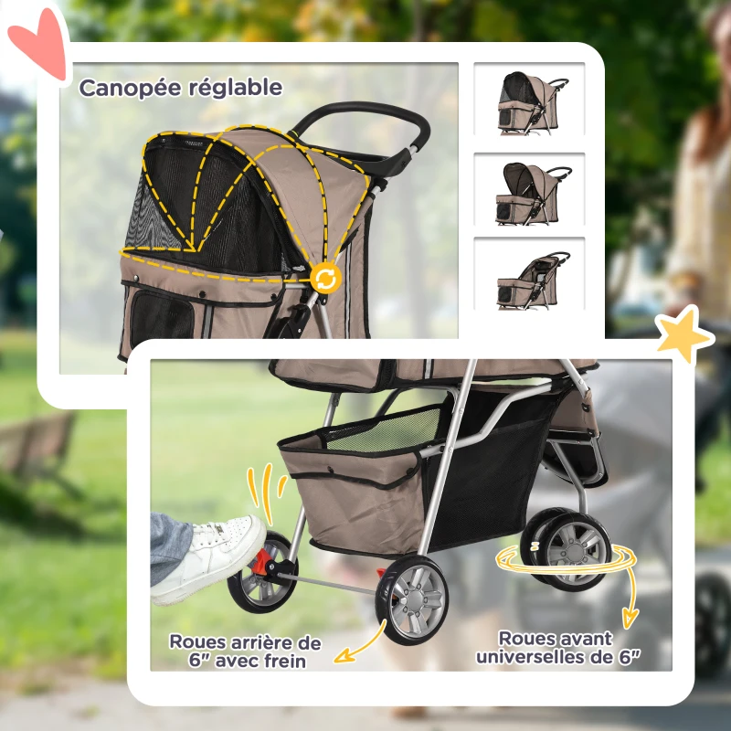 PawHut Poussette buggy pliable animaux, chariot pliant chien chat, porte-gobelet panier de rangement inclus, roues avec frein, tissu 600D Oxford acier, 75 x 45 x 97 cm marron(m-6)