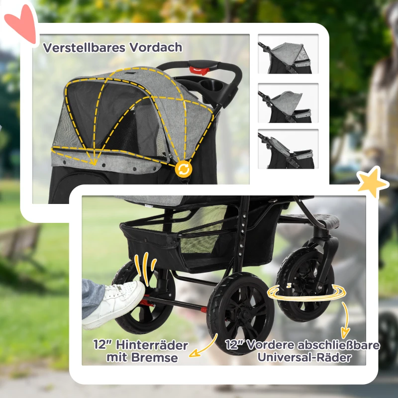 PawHut Hundewagen Hundebuggy Katzenbuggy Pet Stroller mit 3 Rädern klappbar Hunde Katze Oxford Grau+Schwarz 109,5 x 57,5 x 106,5 cm