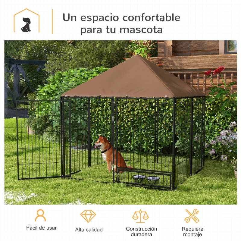 PawHut Perrera con Toldo y Soporte Giratorio para Comida 2 Cuencos Incluidos 141x141x151 cm Negro(m-4)
