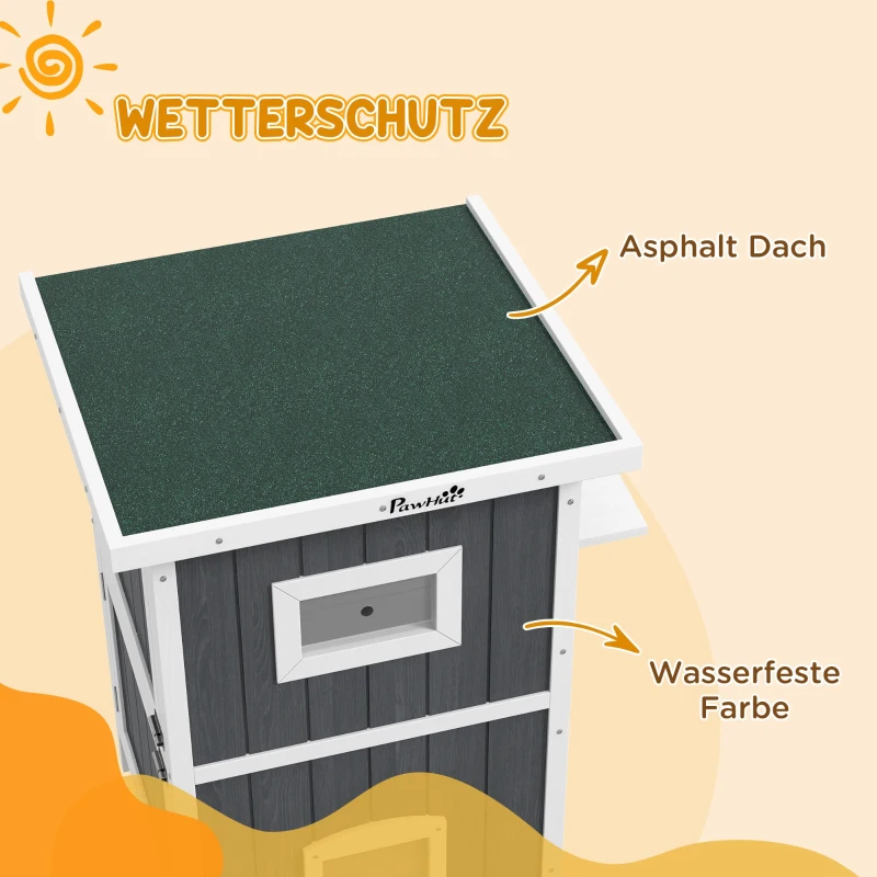 PawHut Katzenhaus Katzenhütte Katzenhöhle, Outdoor, wetterbeständig, 60 x 60 x 90, 5 cm, Grau + Weiß
