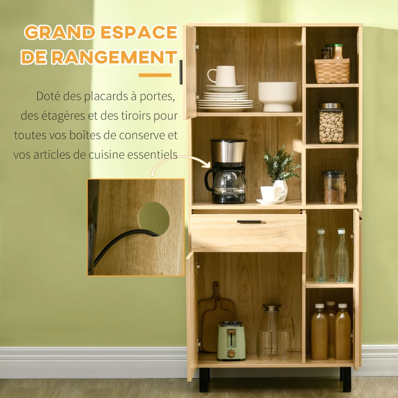 HOMCOM Buffet de cuisine armoire de cuisine multi-rangements avec un tiroir, 3 placards, 4 niches et passe-câbles hauteur 166 cm(m-4)