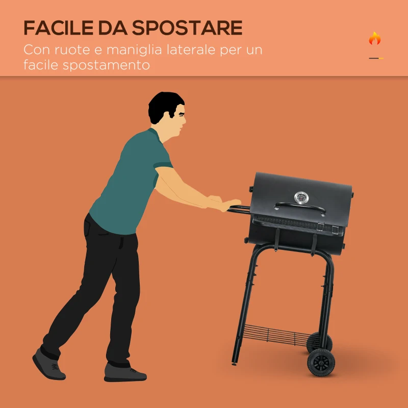 Outsunny Barbecue a Carbone con Coperchio, Termometro, Mensole e Ruote, 68x63x102 cm, Nero