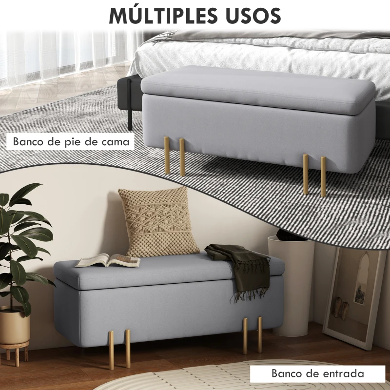 HOMCOM Baúl de Almacenaje para Dormitorio 70L Tapizado en Terciopelo con Patas de Metal 100x40x42 cm Gris Claro