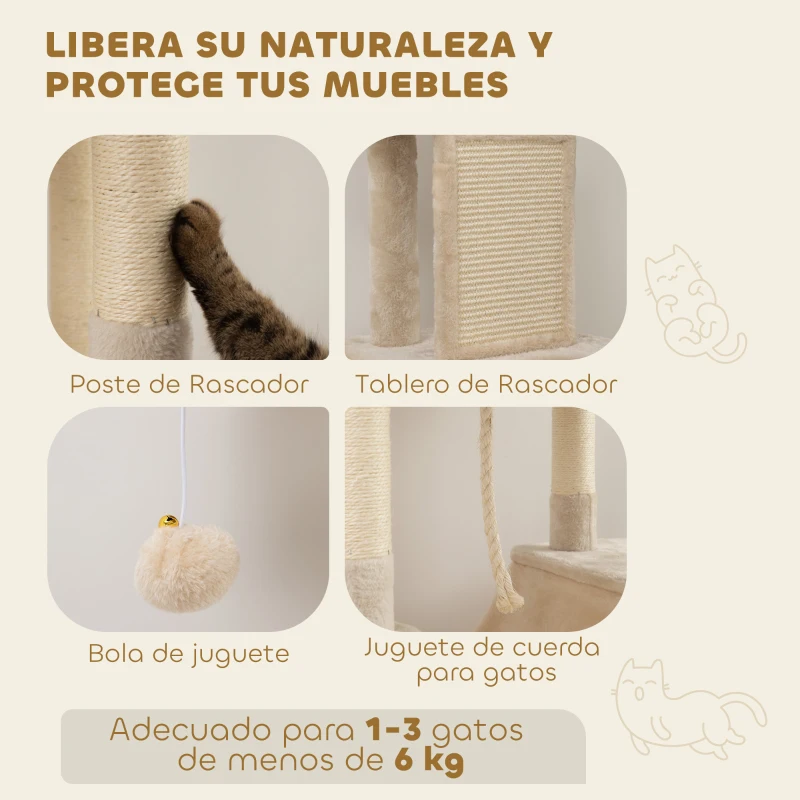 PawHut Árbol Rascador para Gatos Grande Altura 206 cm con Múltiples Niveles Cuevas Bolas Colgantes y Hamacas Beige