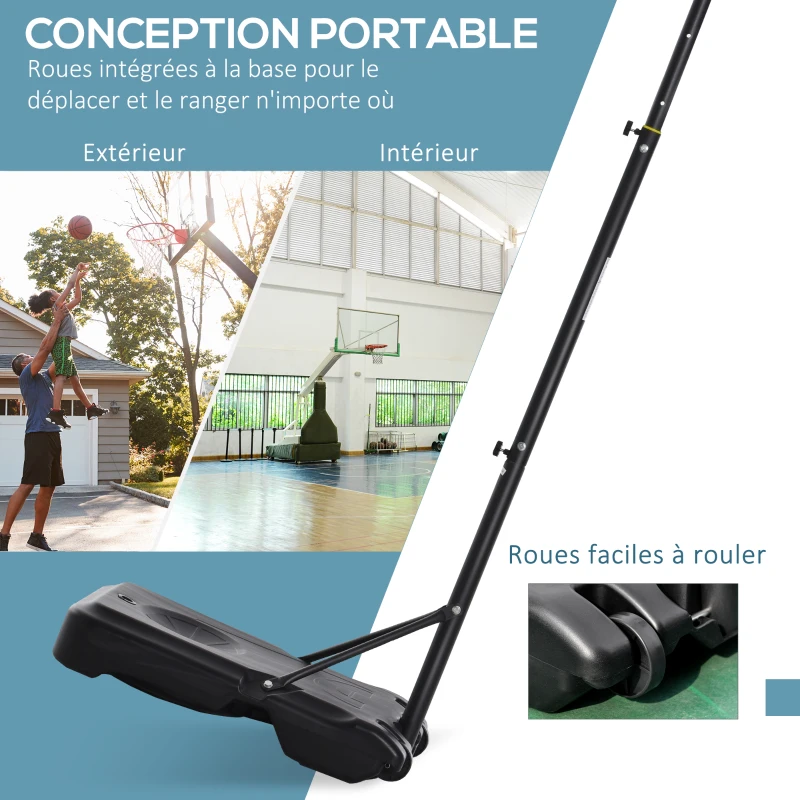 HOMCOM Panier de basket sur pied hauteur réglable de 203cm à 258 cm avec roulettes panneau arrière solide base de lestage noir