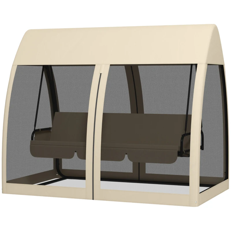 Outsunny Dondolo da Giardino 2 in 1 Convertibile in Letto con Cuscini e Zanzariera, 240x140x197 cm, Caffè