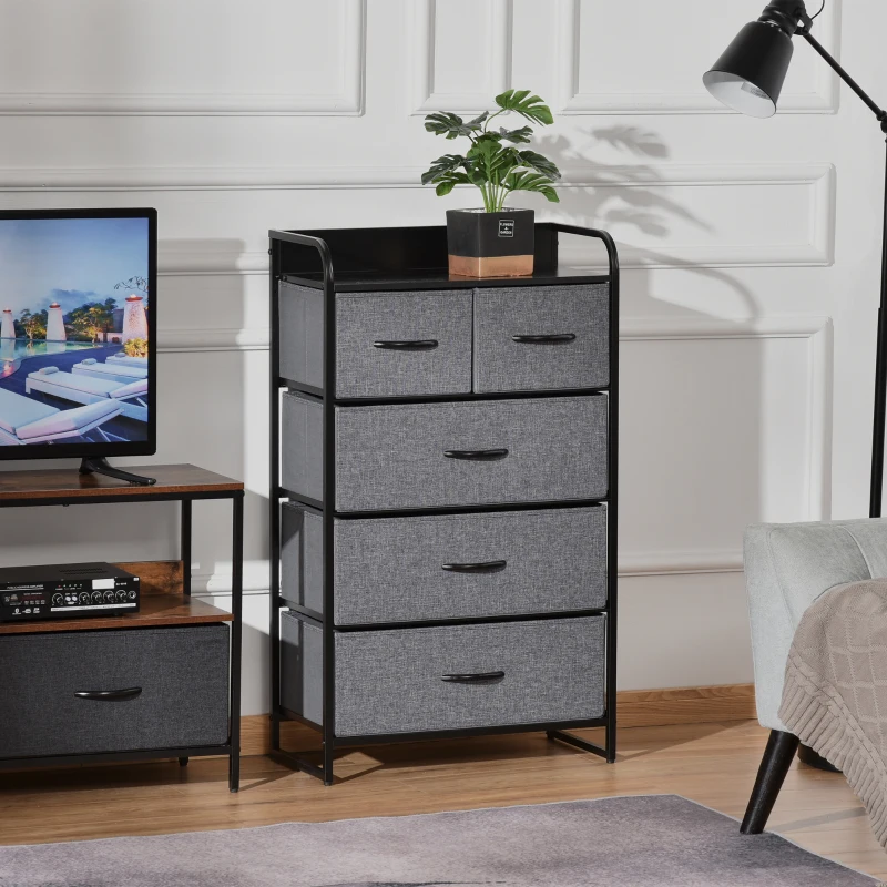 HOMCOM Commode Meuble de Rangement 5 tiroirs Pliables en Tissu 58 x 29 x 99 cm Gris