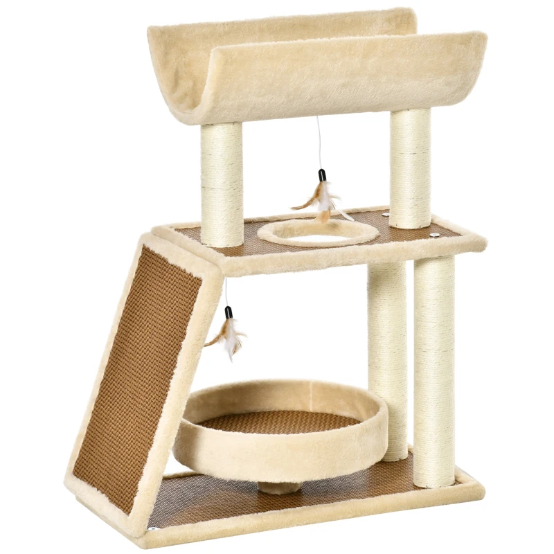 PawHut Árbol Rascador para Gatos 60x30x76 cm con Cama de Lino Postes Rascadores de Sisal Natural Plataforma Tipo Túnel Rampa y Juguetes Colgantes Beige y Marrón