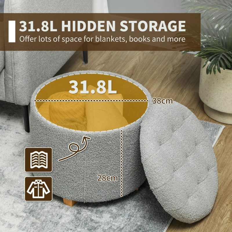 HOMCOM 31.8L Teddy Fleece Storage Ottoman - Grey