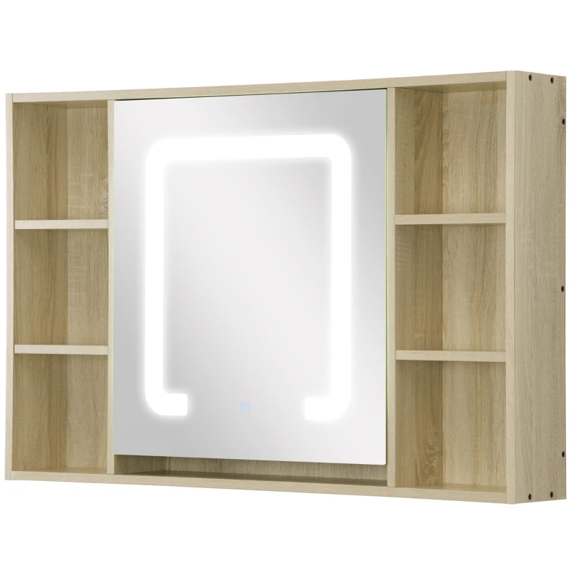 kleankin LED Bathroom Mirror Cabinet, Wall Mounted Dimmable Brightness Medicine Cabinet with Adjustable Shelf and Mirrored Door, Memory Function, USB Charge, Natural