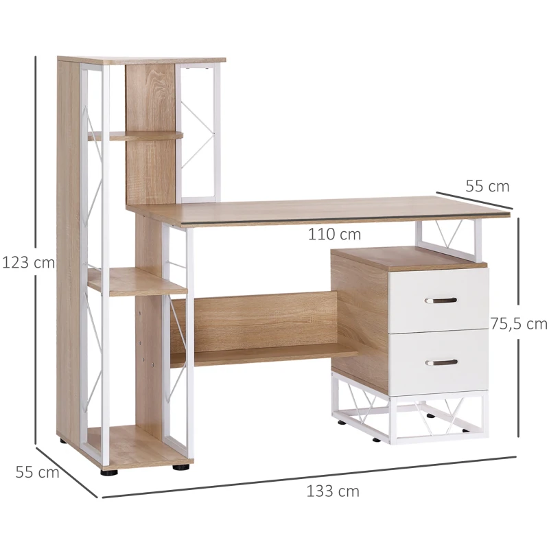 HOMCOM Escritorio con Estantería Librería Mesa de Ordenador PC con Superficie de 110 cm 2 Cajones y Múltiples Estantes para Oficina Estudio Despacho 133x55x123 cm Roble